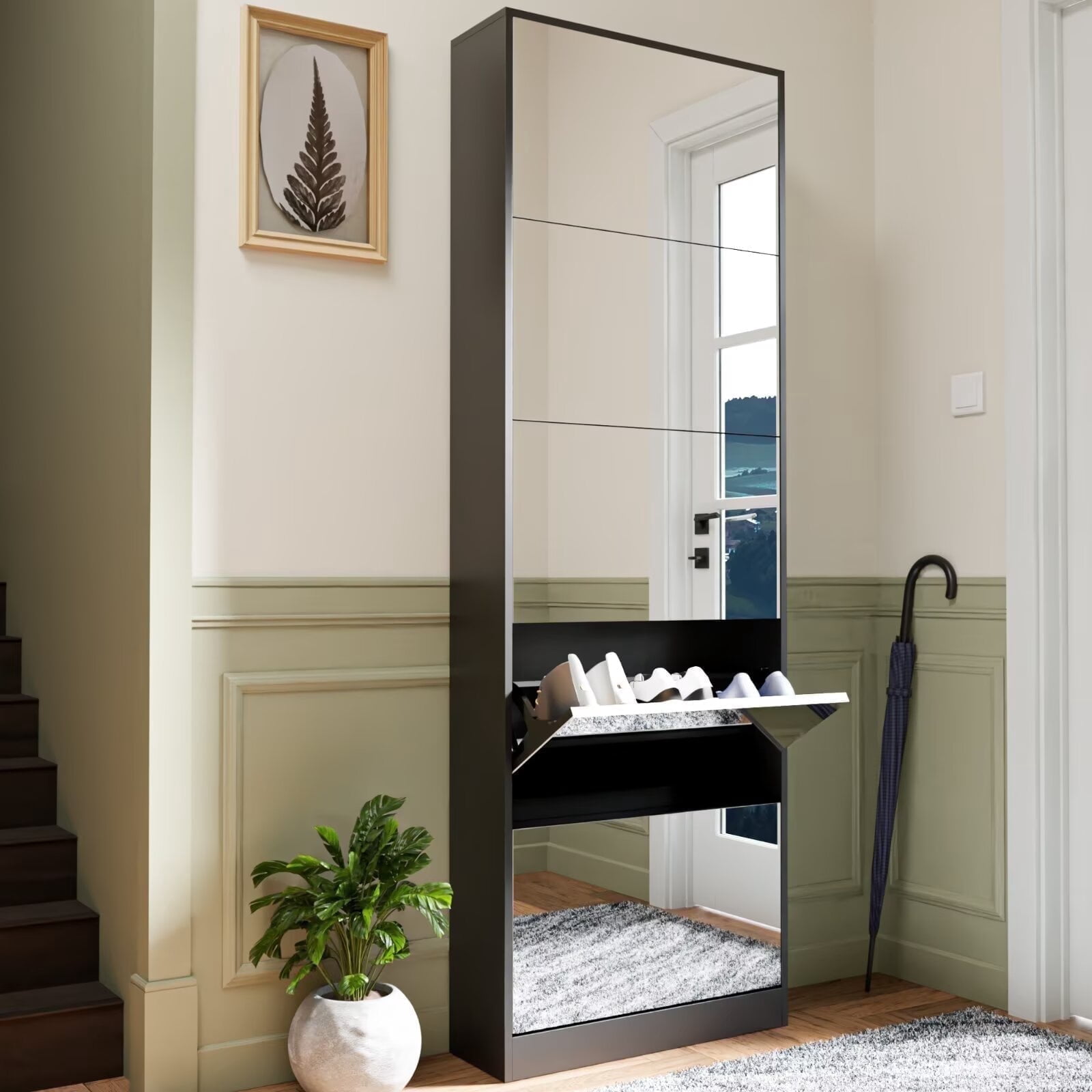 Organizedlife Slim Entryway Cabinet with 5 Flip Drawers & Full-Length Mirror, Holds up to 15 Pairs, Black Freestanding Design with Back Panel