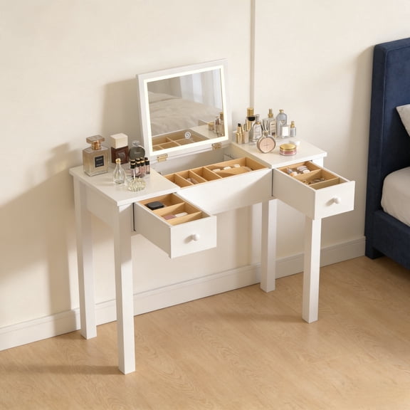 Organizedlife Makeup Vanity Desk with LED Mirror & 2 Drawers, Solid White