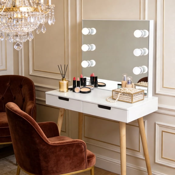 Organizedlife 31.5" Modern Makeup Vanity Desk with Lighted Mirror and Power Outlet, White Dressing Table with 2 Drawers and Solid Wood Legs for Small Spaces