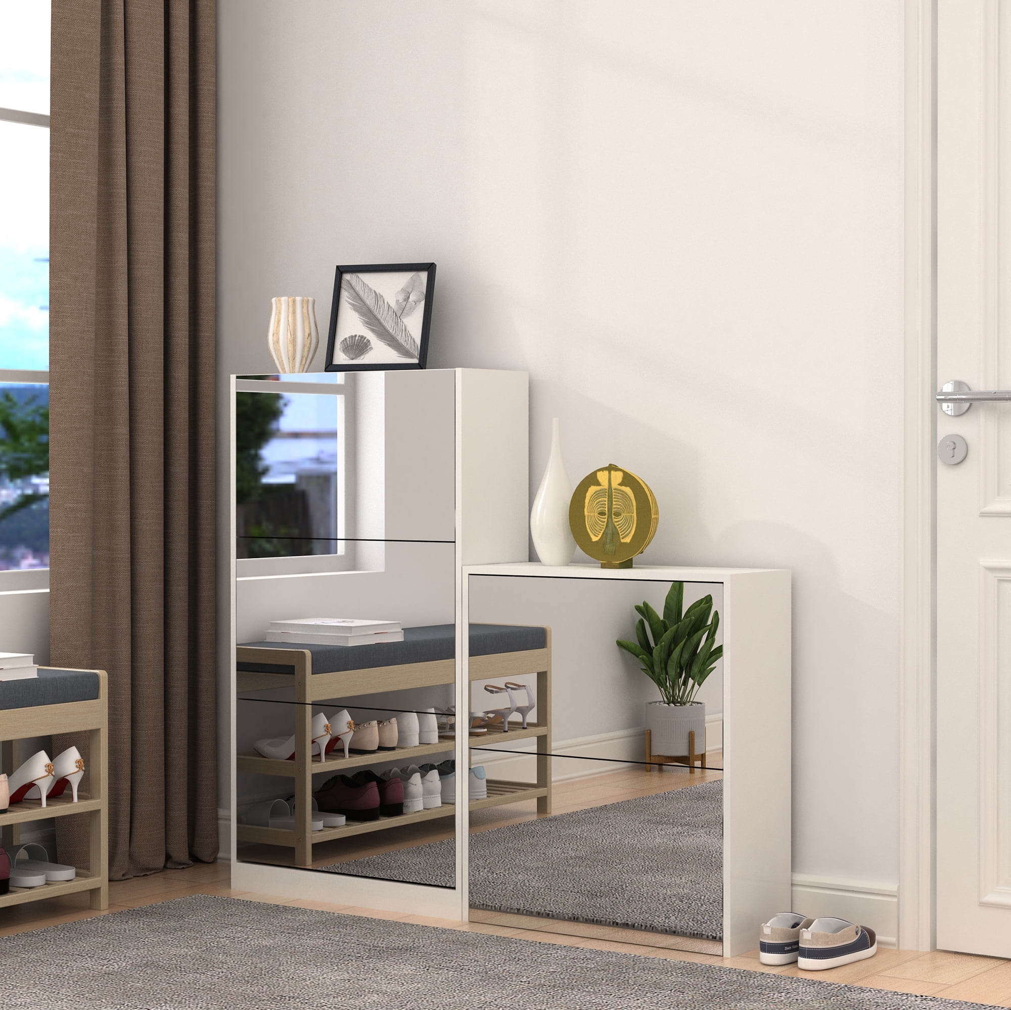 Organizedlife Modern Shoe Storage Organizer Cabinet with Full Length Mirror Shoe Rack with 5 Flip Drawer for Entryway Hallway
