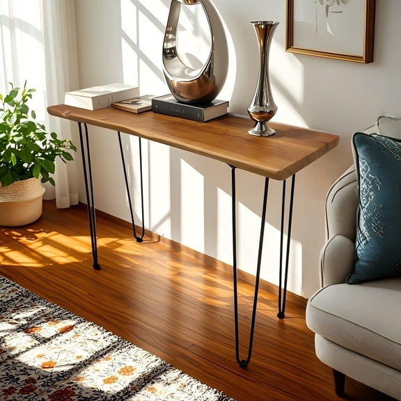 Organizedlife 42.52" Live Edge Console Table, Solid Wood with Metal Legs for Entryway, Hallway