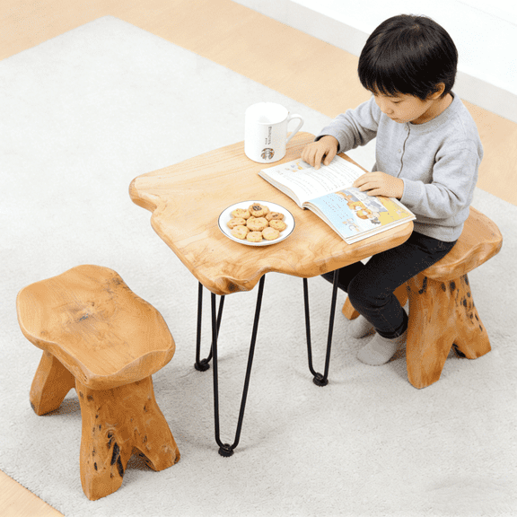 Organizedlife Solid Cedar Wood Coffee Table with 2 Handcrafted Root Stools, 27.6 Rustic Tea Table Set, Fully Assembled