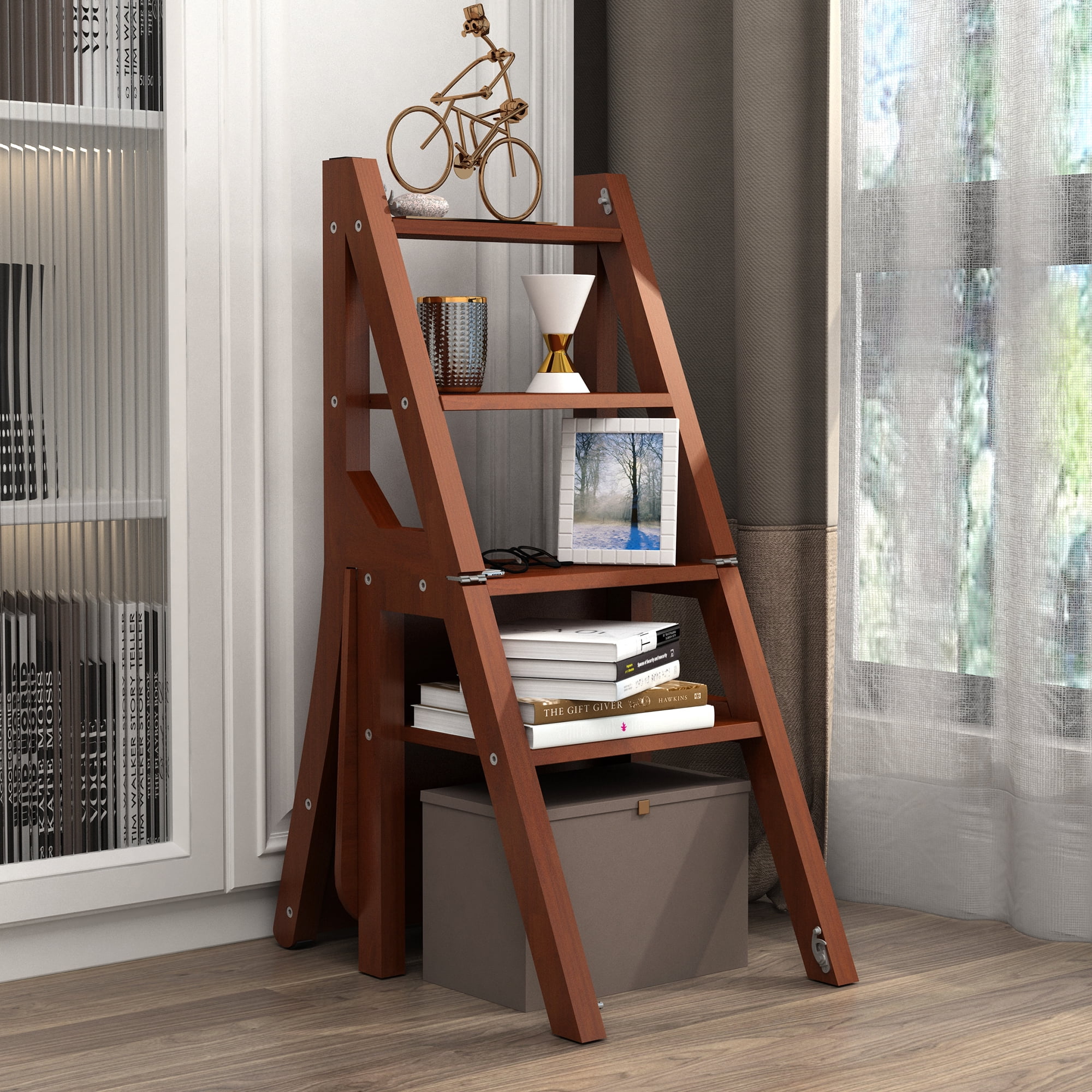 Organizedlife Step Folding Ladder Chair Solid Wood,Multifunction Library Ladder Chair Dual