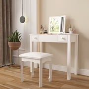 Organizedlife Vanity Stool with Solid Wood Legs, Upholstered Seat for Bedroom, White
