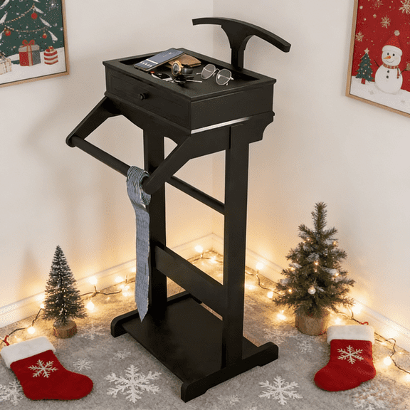 Organizedlife Valet Stand for Entryway with Removable Storage Tray and Suit Hanger and Towel Rod,Black Finish,Perfect New Year Gift,