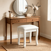 Organizedlife Vanity Stool with Upholstered Seat, Solid Wooden Legs for Makeup Room, Living Room, White