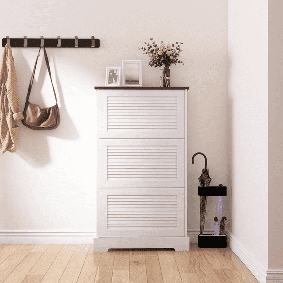 Organizedlife Thin White Shoe Cabinet with 3 Flip Drawers, Slim Shoe Storage for Entryway, Living Room, Bedroom
