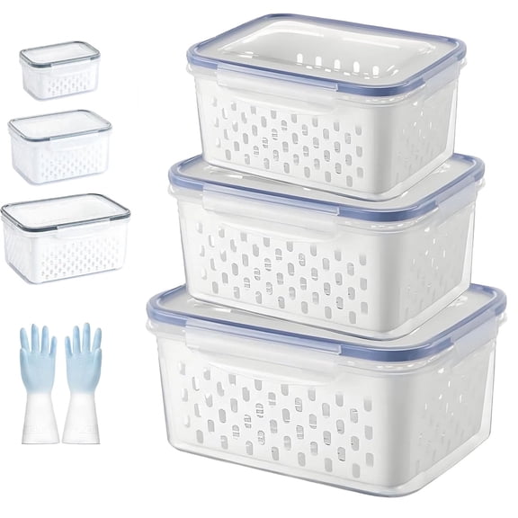 KANOHENO Food Storage Box - Clear Plastic Berry Basket for Fridge w/ Removable Lid ,Ventilated Double-Layer Drainage Design , Fruit & Vegetable Storage Containers for Indoor/Outdoor Use