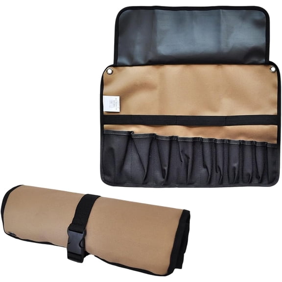Organizer with 10 Pockets, Heavy Duty 600D Polyester Tool Pouch, Compact Roll Up Wrench Holder, Portable Hanging Tool Wrap, Khaki Storage Bag for Garage, Workshop, Vehicle