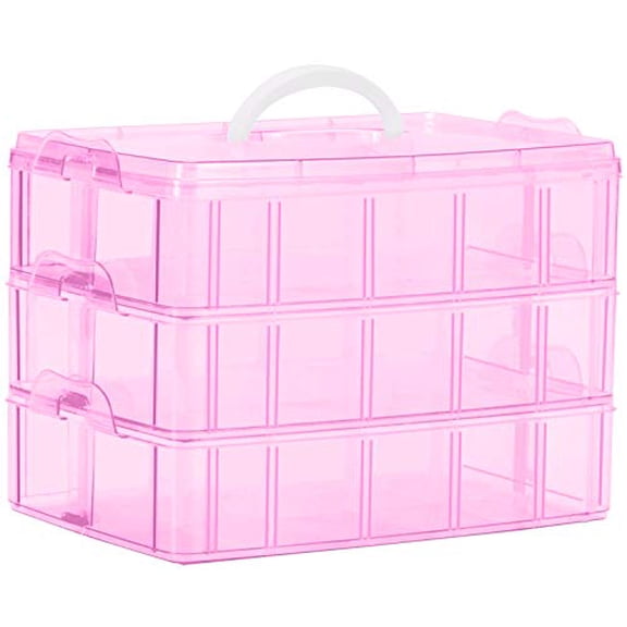 Organizer,3-Tier Craft Organizers and Storage,Stackable Storage Containers with 30 Compartments Dividers for Washi Tape,Toy,Nail,Art Supplies,Fishing Tackle,Pink