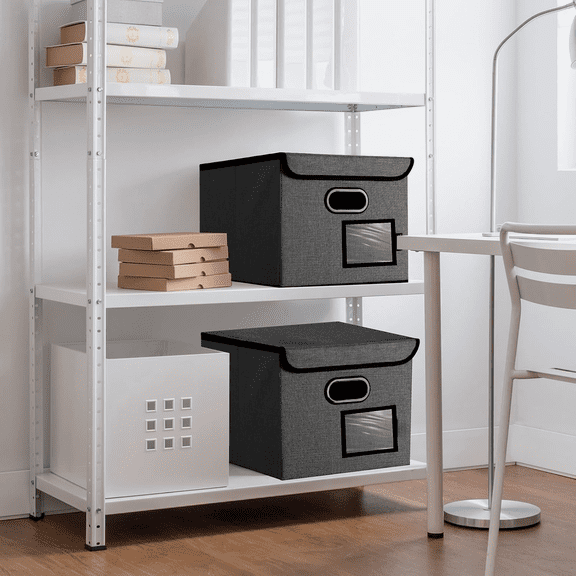 Organizer Box with Lid, Collapsible File Folder Organizer with Plastic Slide, Hanging File Folder Box for Office Document Storage (2 Pack, Black)