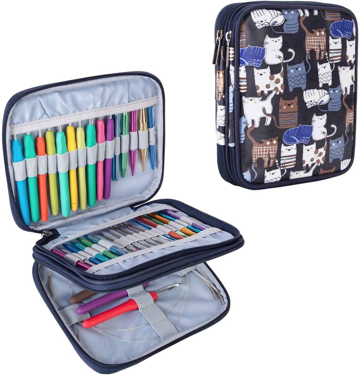 Organizer Case for Interchangeable Circular Knitting Needles, Crochet Hooks and Accessories, Keep All in Place Easy to Carry, Cats Blue (No Accessories Included)