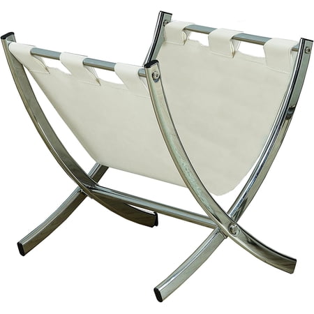 Organizer, Holder, Standing, Storage, Bathroom, Office, Bedroom, Pu, White, Contemporary Magazine Rack Leather-Look Chrome Metal, 15" L X 17.75" W X 14.5" H