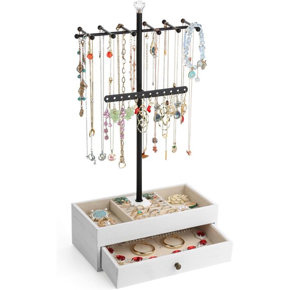 Organizer Stand, 3-Tier Necklace Holder Tree with Wooden Storage Drawer Box for Necklace Bracelet Earring Ring,White