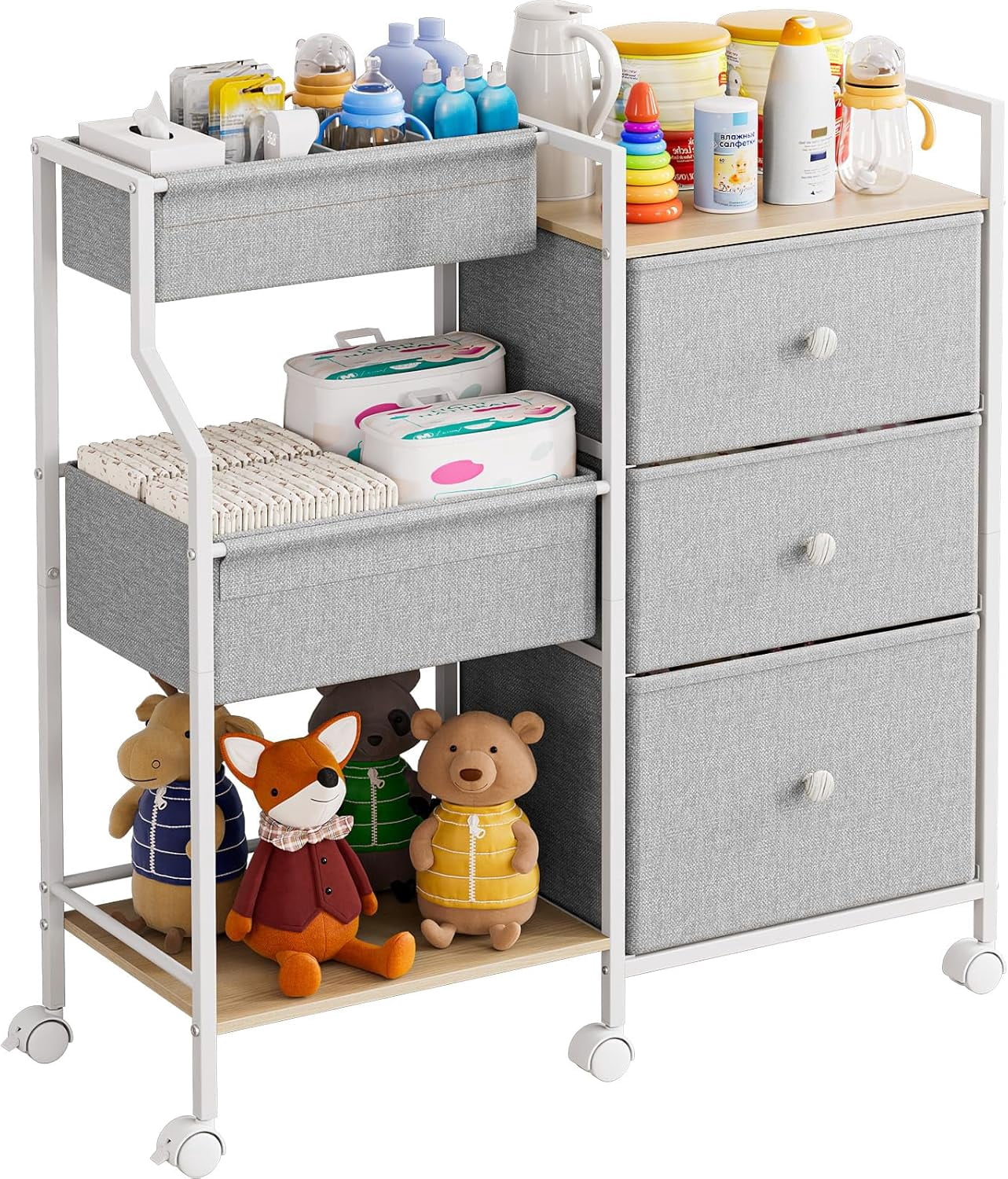 Organizer and Storage - 3 Tier Rolling Cart with Dividers and Drawers, Easy To Assemble, Mobile Utility Cart with Wheels for Nursery, Bedroom, Changing Table & Crib,Light Gray