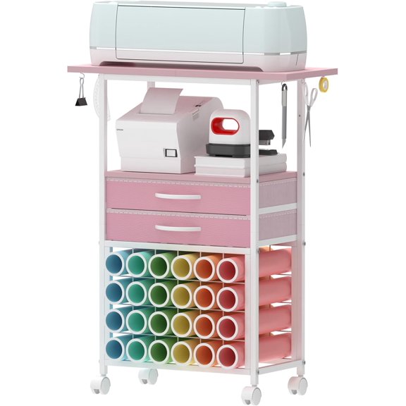 Organizer and Storage Stand Compatible with Machines, Rolling Storage Cart/Shelf with 24 Vinyl Roll Holders, 2 Fabric Drawer, Accessories Holder, Tool Hook for Craft Room Home