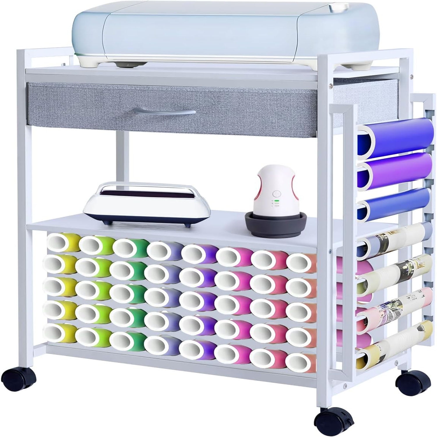 Organizers and Storage Compatible with Cricut Machines Rolling Craft Storage Cart with 47 Vinyl Roll Holders for Craft Rooms Home Removable Patent Protected 001 Black Wood Grain