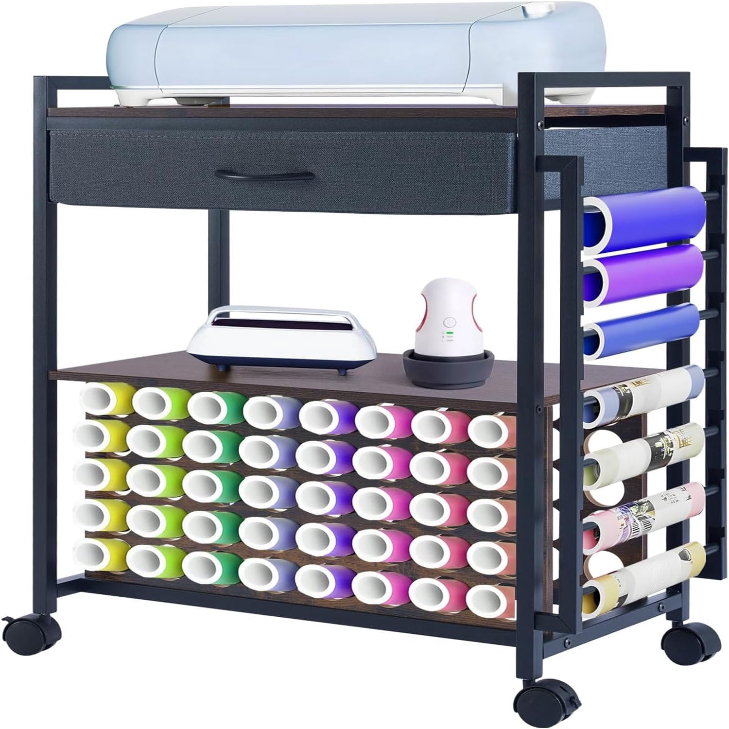 Organizers and Storage Compatible with Cricut Machines Rolling Craft Storage Cart with 47 Vinyl Roll Holders for Craft Rooms Home Removable Patent Protected 001 Black Wood Grain