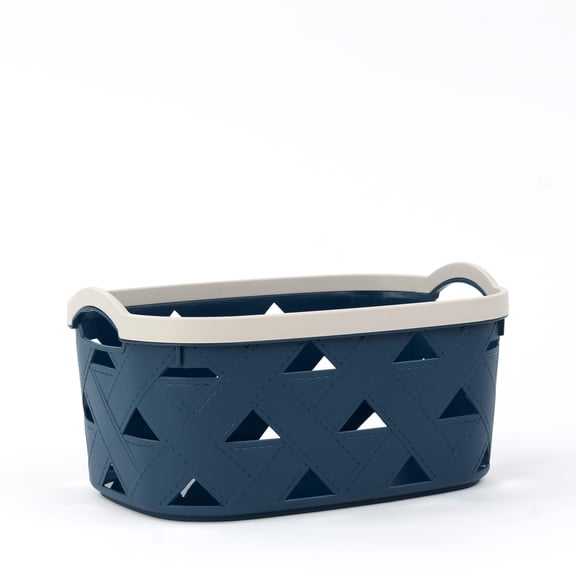 Organizing Essentials Medium Plastic Storage Basket with Handles – Blue & Cream Decorative Bin for – Designer Leather Pattern Organizer Basket, 5.8L