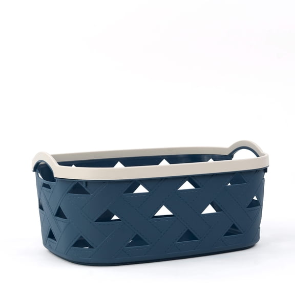 Organizing Essentials Large Plastic Storage Basket with Handles – Blue & Cream Decorative Bin for – Designer Leather Pattern Organizer Basket, 10.6L