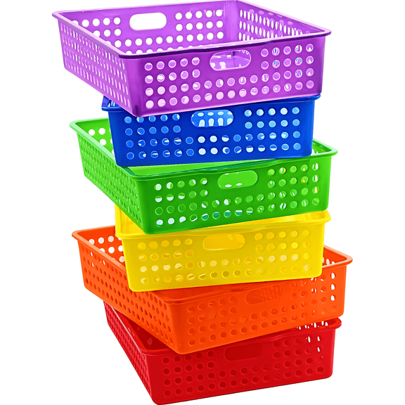 4E's Novelty 6 Pack Colorful Plastic Classroom Storage Bins 13.75" x 10.25" A4 Paper Trays