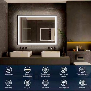 Organnice   Rectangular Framed LED Anti-Fog Bathroom Wall Mirror in Black with Backlit and Front Light 40"*24"