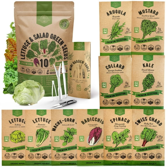 Organo Republic - 10 Lettuce & Salad Greens Seeds Varieties - 13,000 Non GMO Heirloom Garden Seeds