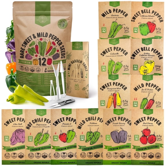 Organo Republic - 12 Rare Sweet & Mild Pepper Seeds Varieties - 770+ Non GMO Heirloom Garden Seeds