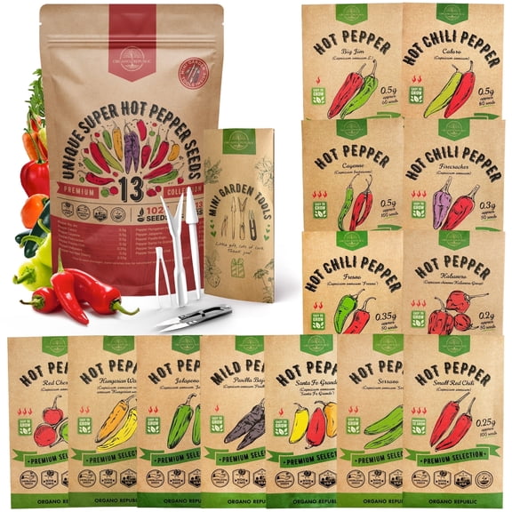 Organo Republic - 13 Unique Super Hot Pepper Seeds Varieties - 1,020+ Non GMO Heirloom Garden Seeds
