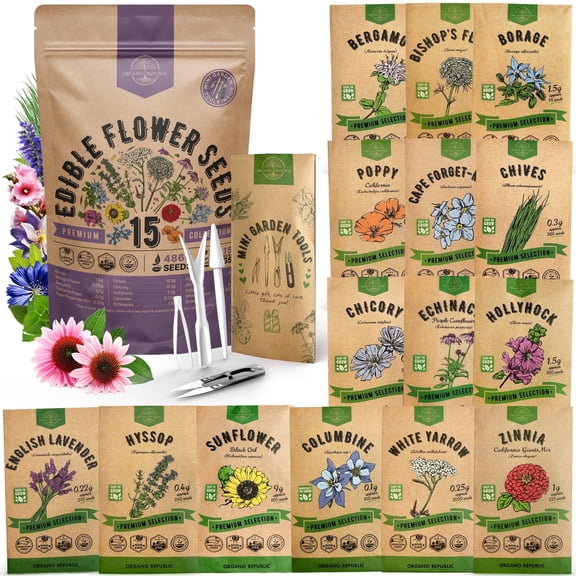 Organo Republic - 15 Edible Flower Seeds Varieties - 4,800+ Non GMO Heirloom Garden Seeds