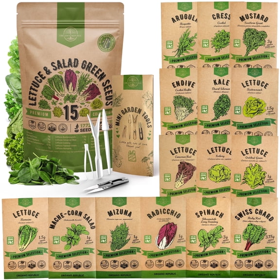 Organo Republic - 15 Lettuce & Salad Greens Seeds Varieties - 17,700+ Non GMO Heirloom Garden Seeds