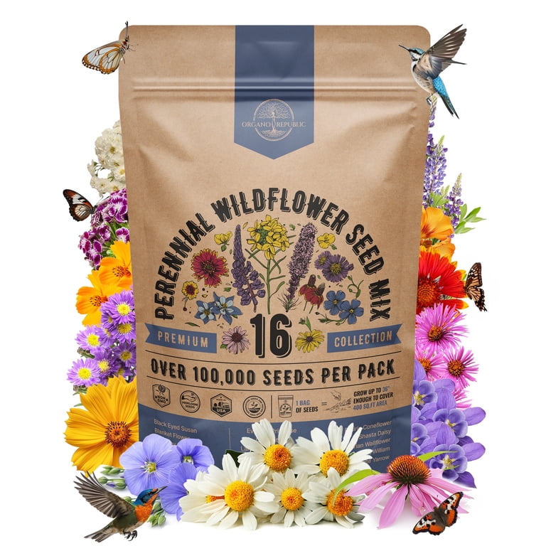 Organo Republic - 16 Perennial Wildflower Mix Seeds Varieties-100,000+ Non-GMO Heirloom Garden Seeds