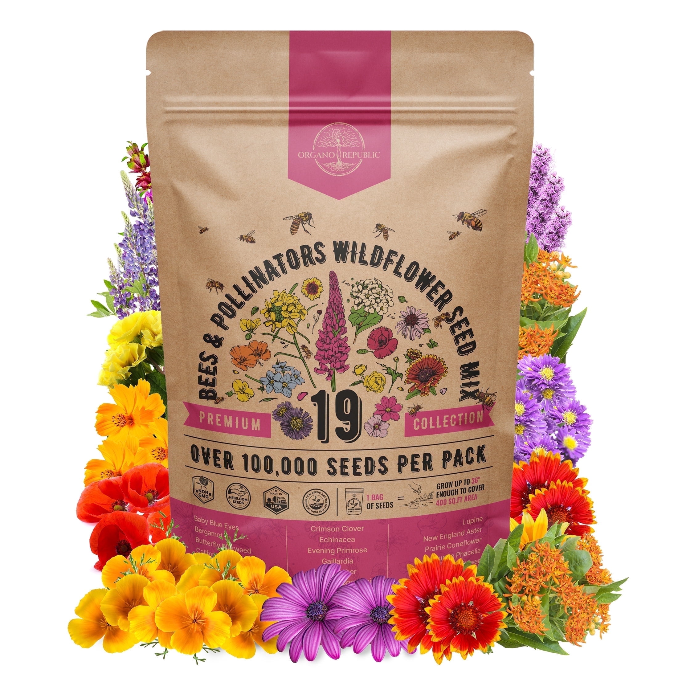Organo Republic Wildflower Seeds Mix 19 Varieties Over 100,000 Seeds  Attractive to Bees & Butterflies - Walmart.com