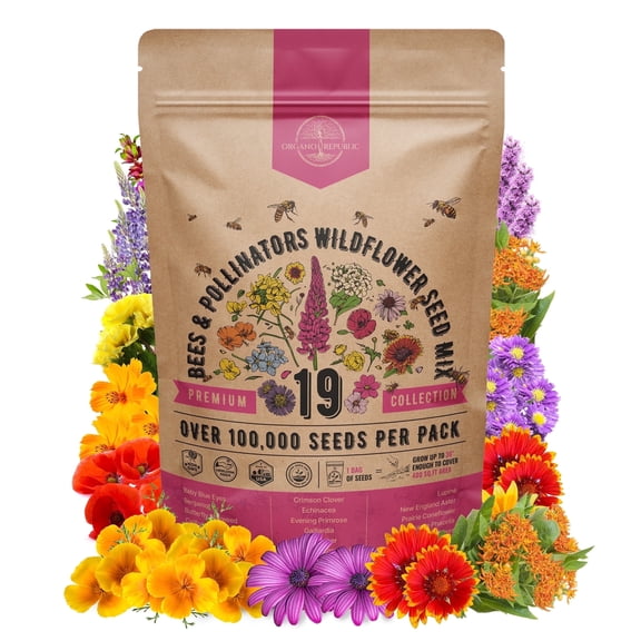 Organo Republic 19 Annual & Perennial Wildflower Seeds Mix for Attract Bees & Butterflies