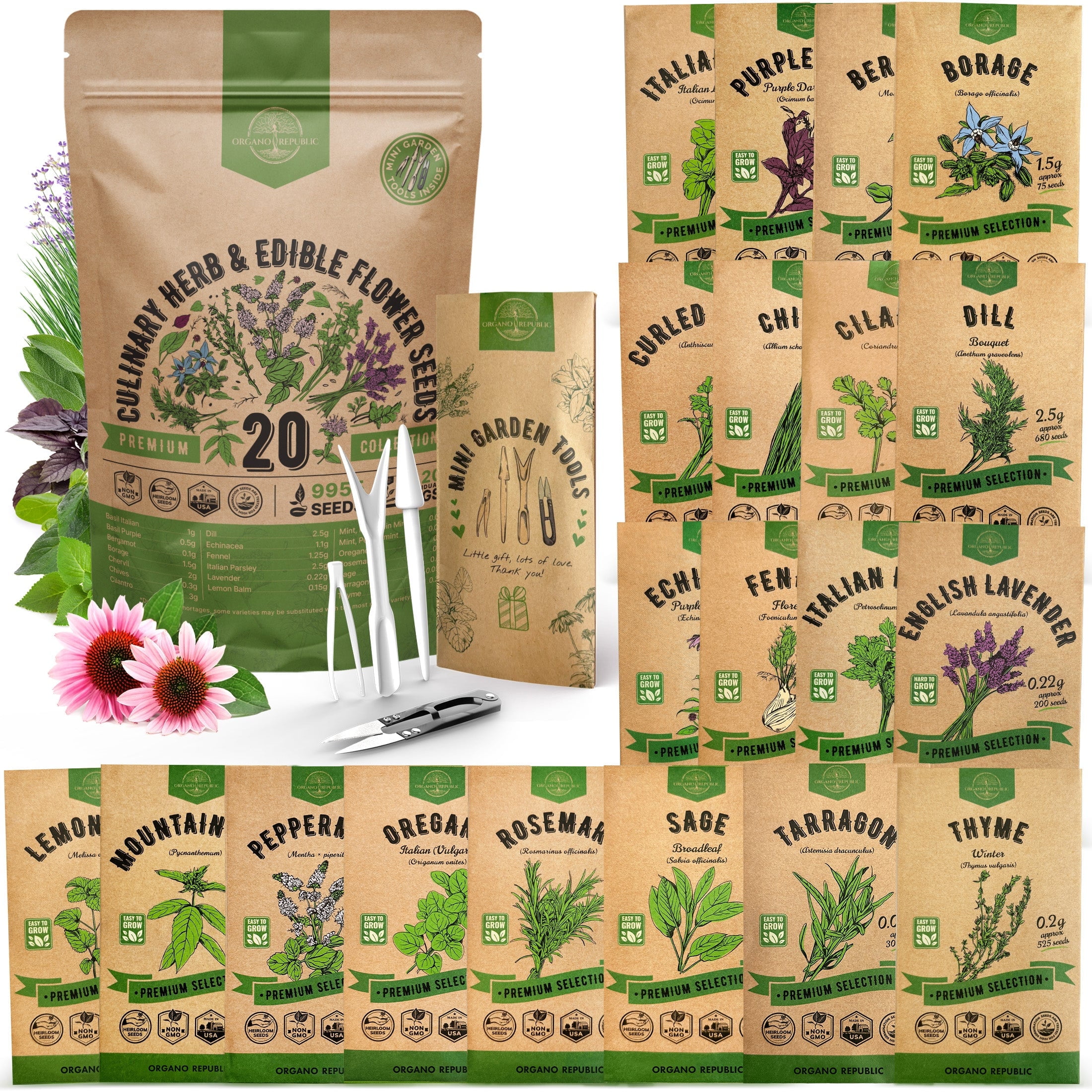 Organo Republic - 20 Culinary Herb \u0026 Edible Flower Seeds Varieties - 9955+ Non GMO Heirloom Seeds