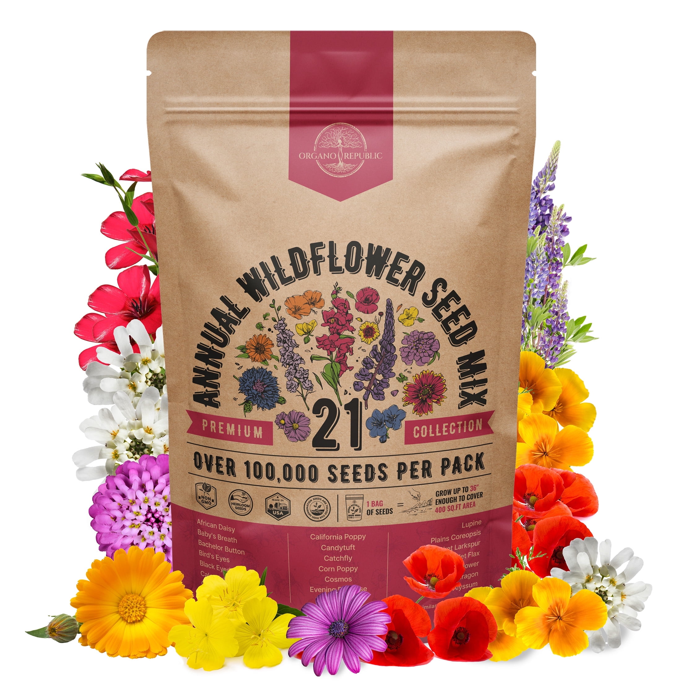 Premium Annual Wildflower Seed Mix with 100,000+ Non-GMO Heirloom Seeds