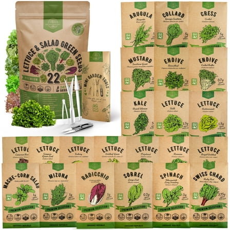 Organo Republic - 22 Lettuce & Salad Greens Seeds Varieties - 24,700+ Non GMO Heirloom Garden Seeds