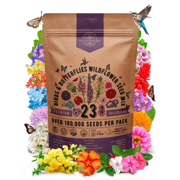 Organo Republic 23 Wildflower Seeds Annual & Perennial Mix for Indoor & Outdoors, Attract Birds & Butterflies 100,000+ Non-GMO, Heirloom Garden Seeds, 4oz Packet for Growing Wild Flowers