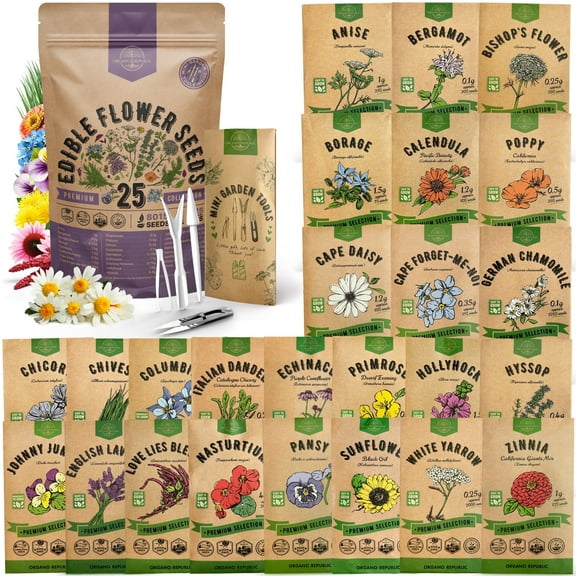 Organo Republic - 25 Edible Flower Seeds Varieties - 8,000+ Non GMO Heirloom Garden Seeds