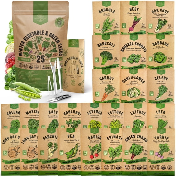 Organo Republic 25 Winter Vegetable Garden Plant Seeds, Non-GMO Heirloom Seeds