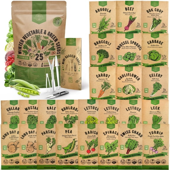 Organo Republic 25 Winter Vegetable Garden Plant Seeds, Non-GMO Heirloom Seeds