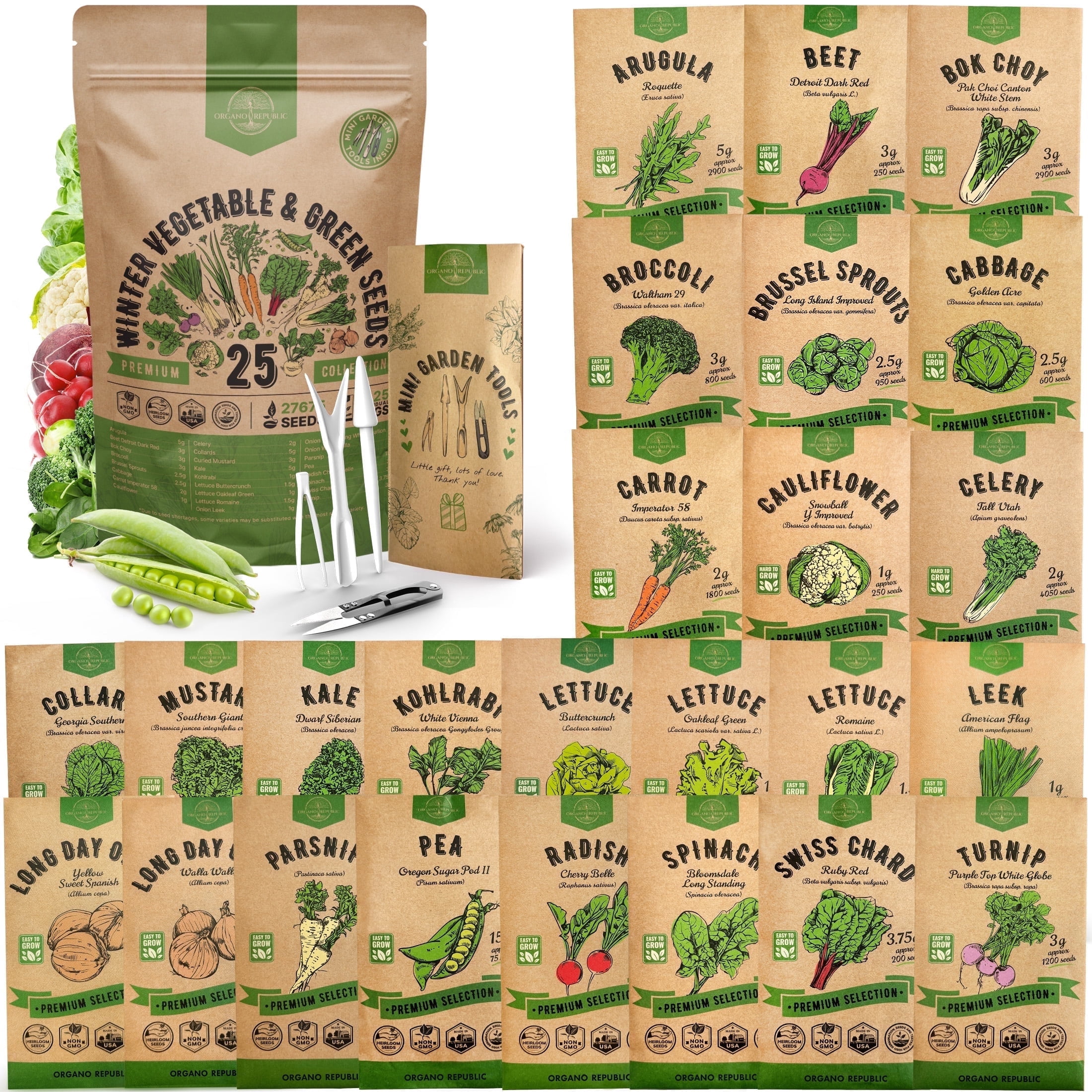 Organo Republic 25 Winter Vegetable Garden Plant Seeds, Non-GMO Heirloom Seeds