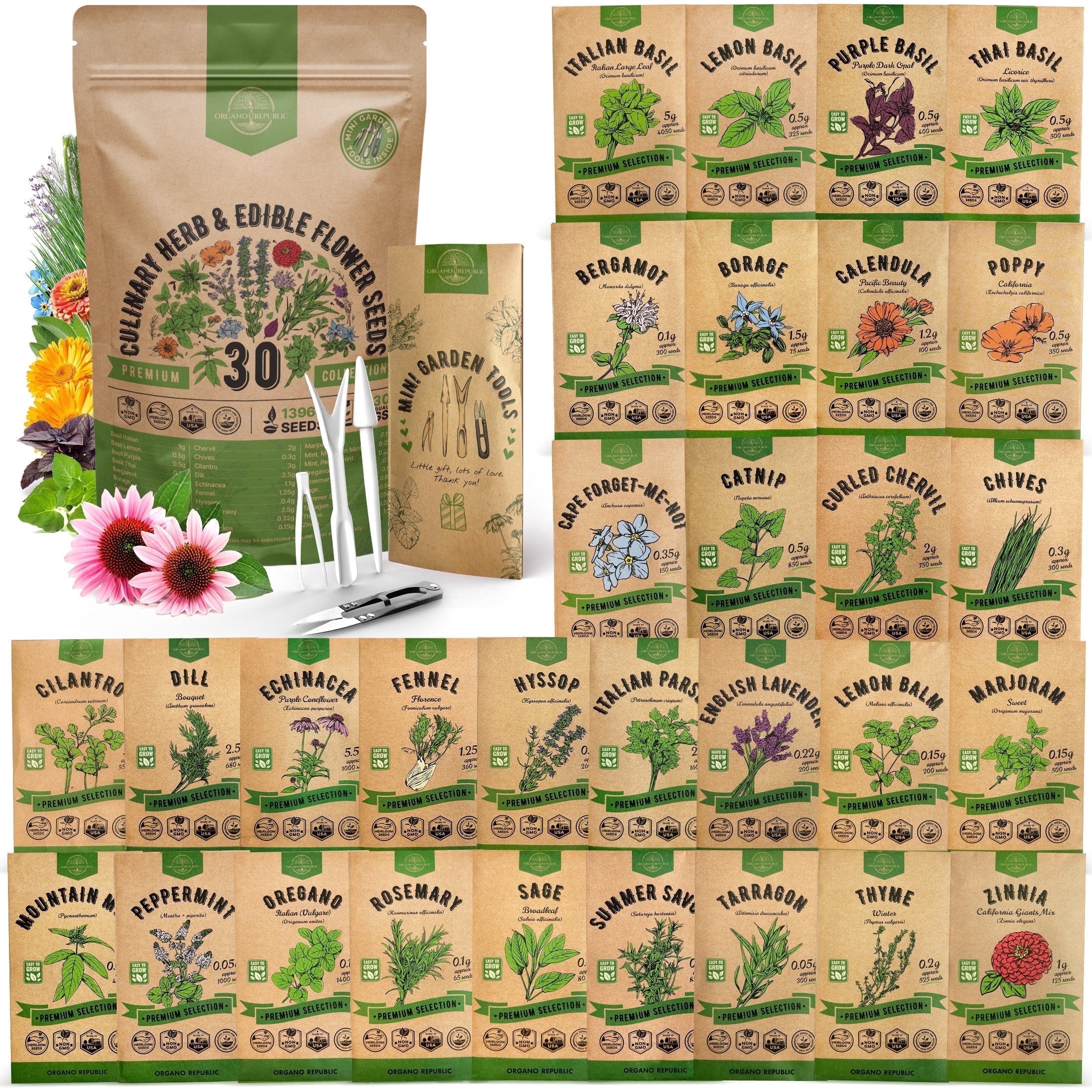 Organo Republic - 30 Culinary Herb & Edible Flower Seeds Varieties - 13,960+ Non GMO Heirloom Seeds