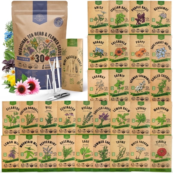 Organo Republic - 30 Medicinal Tea Herb & Flower Seeds Varieties - 13625+ Non GMO Heirloom Garden Seeds