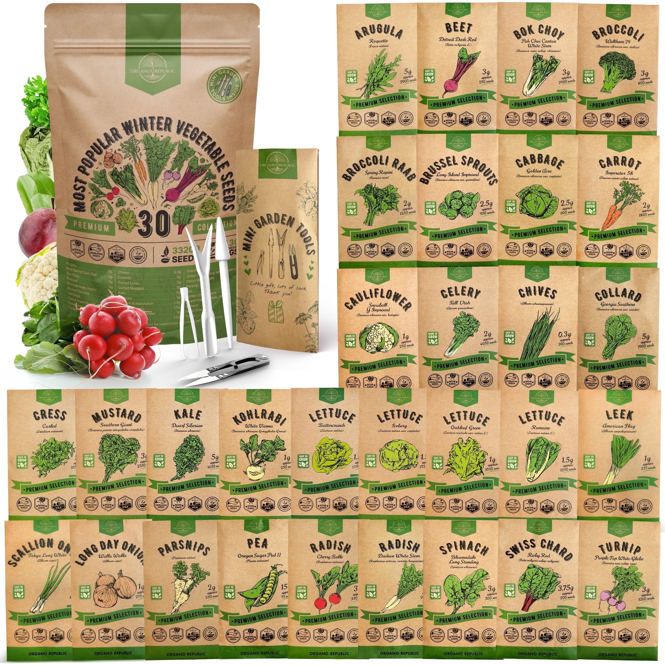 Organo Republic - 30 Winter Vegetable Seeds Varieties - 27675+ Non GMO Heirloom Garden Seeds