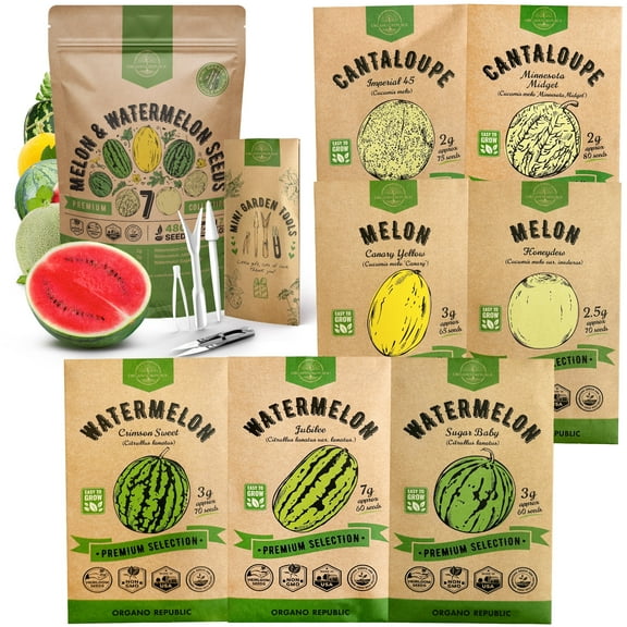 Organo Republic - 7 Melon & Watermelon Seeds Varieties - 480+ Non GMO Heirloom Garden Seeds