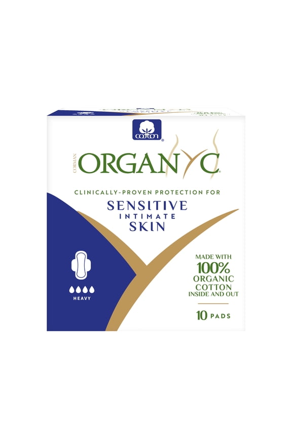 Corman Organyc Cotton Feminine Pads, Hypoallergenic, Chlorine Free, Biodegradable, Heavy Flow, 10 Count