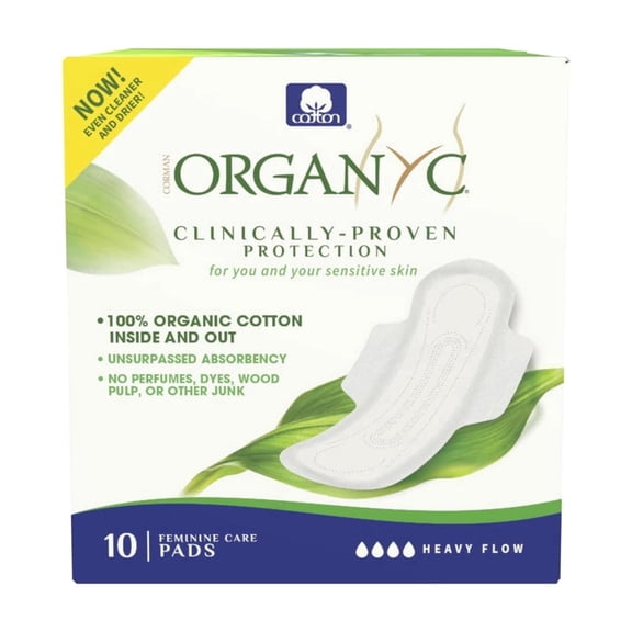 Organyc 100% Certified Organic Cotton Feminine Pads, Heavy Flow, 10 Count