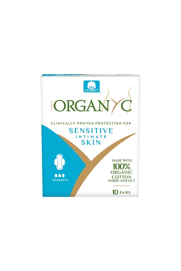 Corman Organyc Certified Organic Cotton Feminine Pads, Moderate Flow, Hypoallergenic, Breathable, 10 Count