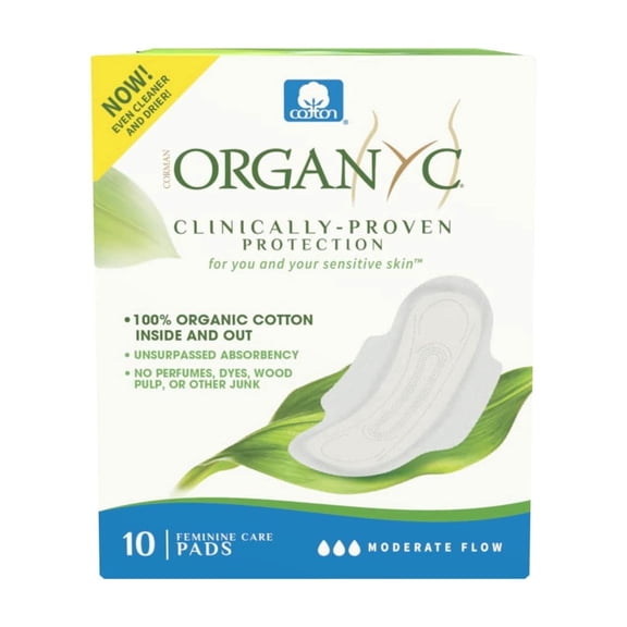 Organyc 100% Certified Organic Cotton Feminine Pads, Moderate Flow, 10 Count